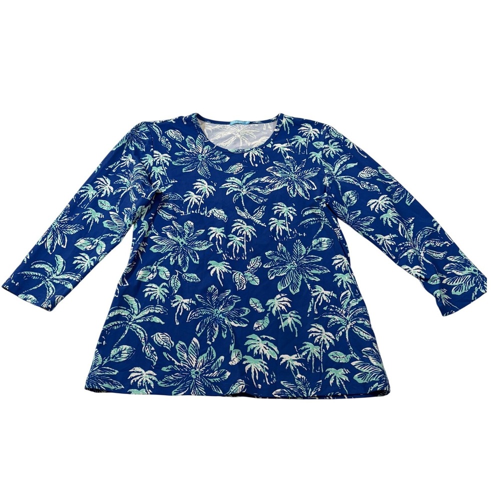 J.McLaughlin Blue Tropical Palm Tree Print 3/4 Length Long Sleeve Crew Tee M